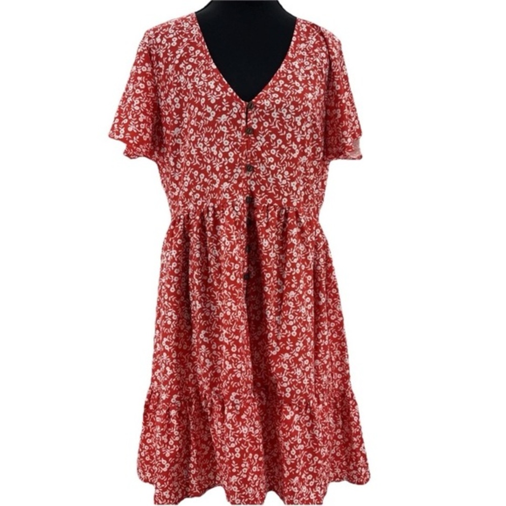 Red Ditsy Floral Babydoll Mini Dress Size L Cottagecore Prairie V Neck